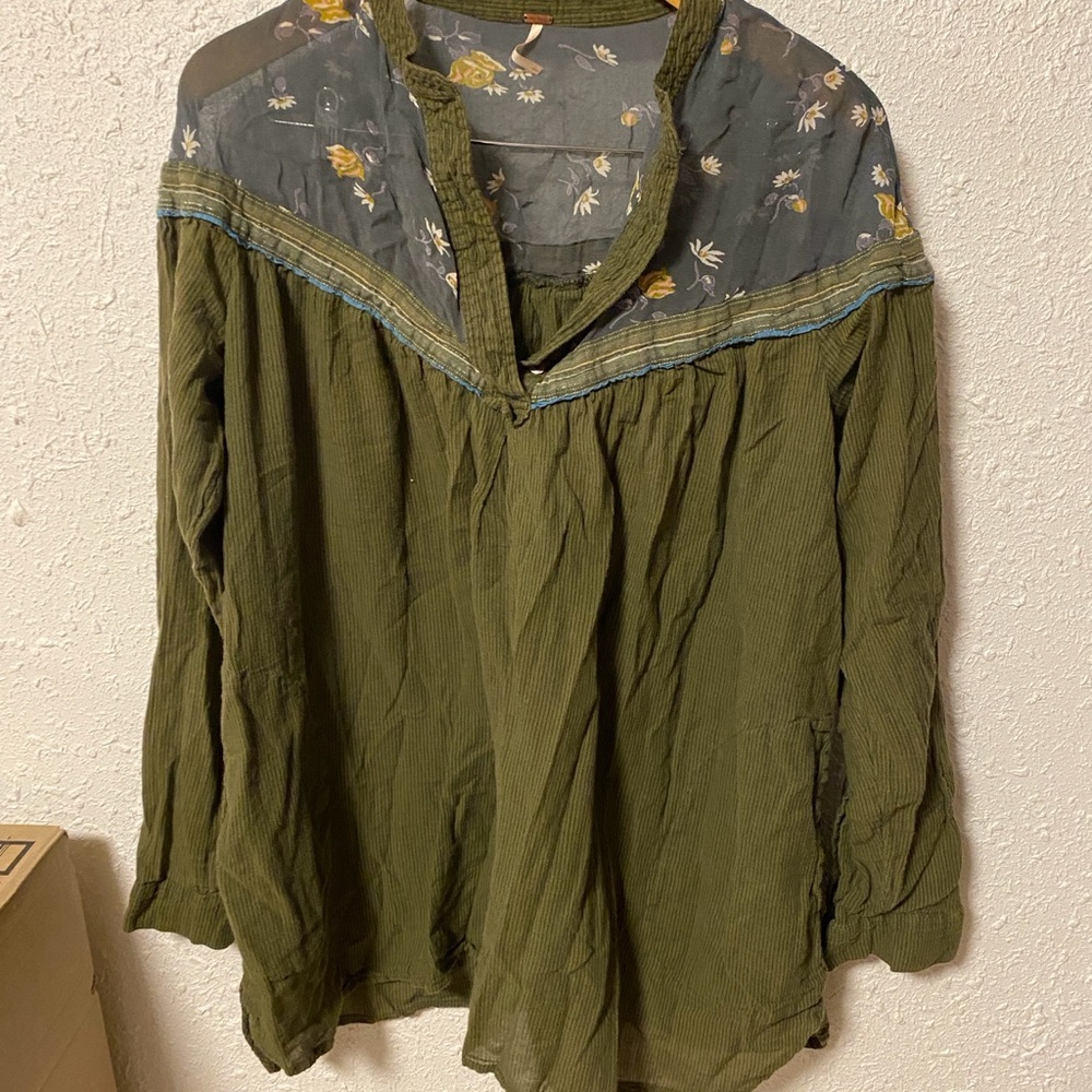 Free People Olive Green Floral Yoke Blouse